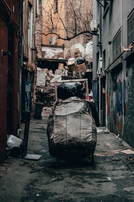 An alleyway filled with a large, black, heavy-duty rubbish bag in the foreground, positioned centrally on a rough, dark pavement. Surrounding the bag are additional debris, including a white plastic container and scattered small waste items. The narrow space is flanked by tall, graffiti-covered walls on the right and brick facades on the left, with some exposed pipes visible along the buildings. In the background, a significant amount of mixed waste—cardboard boxes, plastic bags, and miscellaneous trash—are piled up against a makeshift barrier made of wooden pallets and discarded materials, suggesting an area designated for private rubbish collection or on-site waste clearance. Overhanging leafless tree branches are visible above, and the environment has a somewhat dreary, urban atmosphere. The scene appears to be outdoors in a back alley used for waste disposal, with natural, diffused lighting highlighting the textures and mess of the debris, consistent with services like rubbish removal tailored for confined or difficult-to-access spaces.